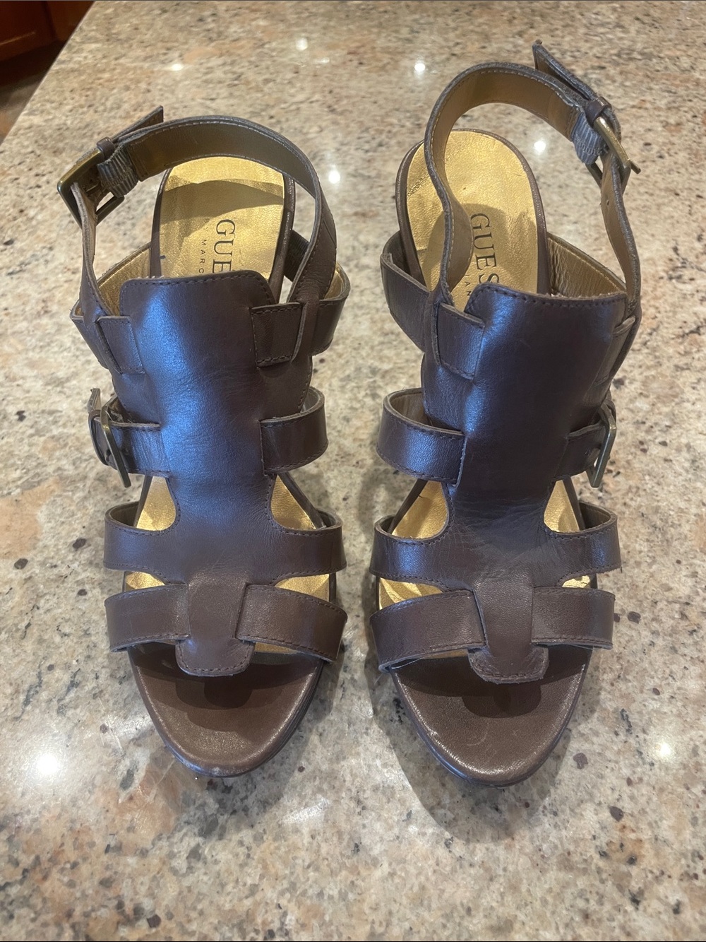 GUESS Dark Brown Leather Strappy Heel Sandals